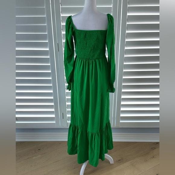 Women’s Square Neck Flounce Shirred Ruffle Hem Long Sleeve Maxi Dress Green Sz M - Picture 8 of 10